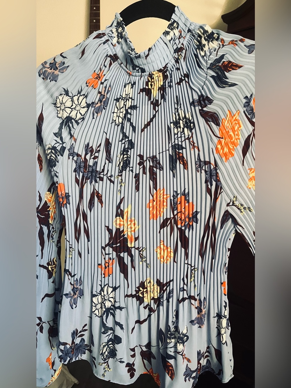 Belle Vere Light Blue Floral Pleated High-Neck Women's Top